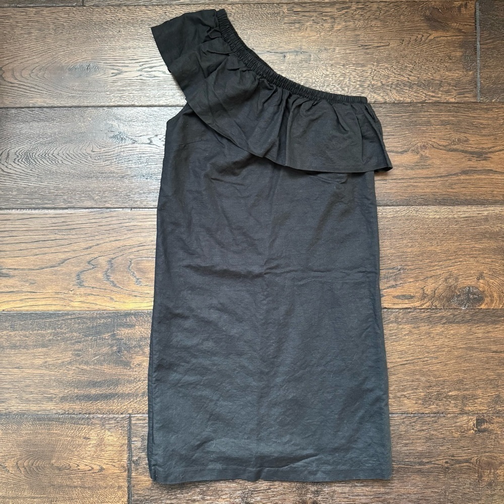 J. Crew Black Linen One-Shoulder Ruffle Dress